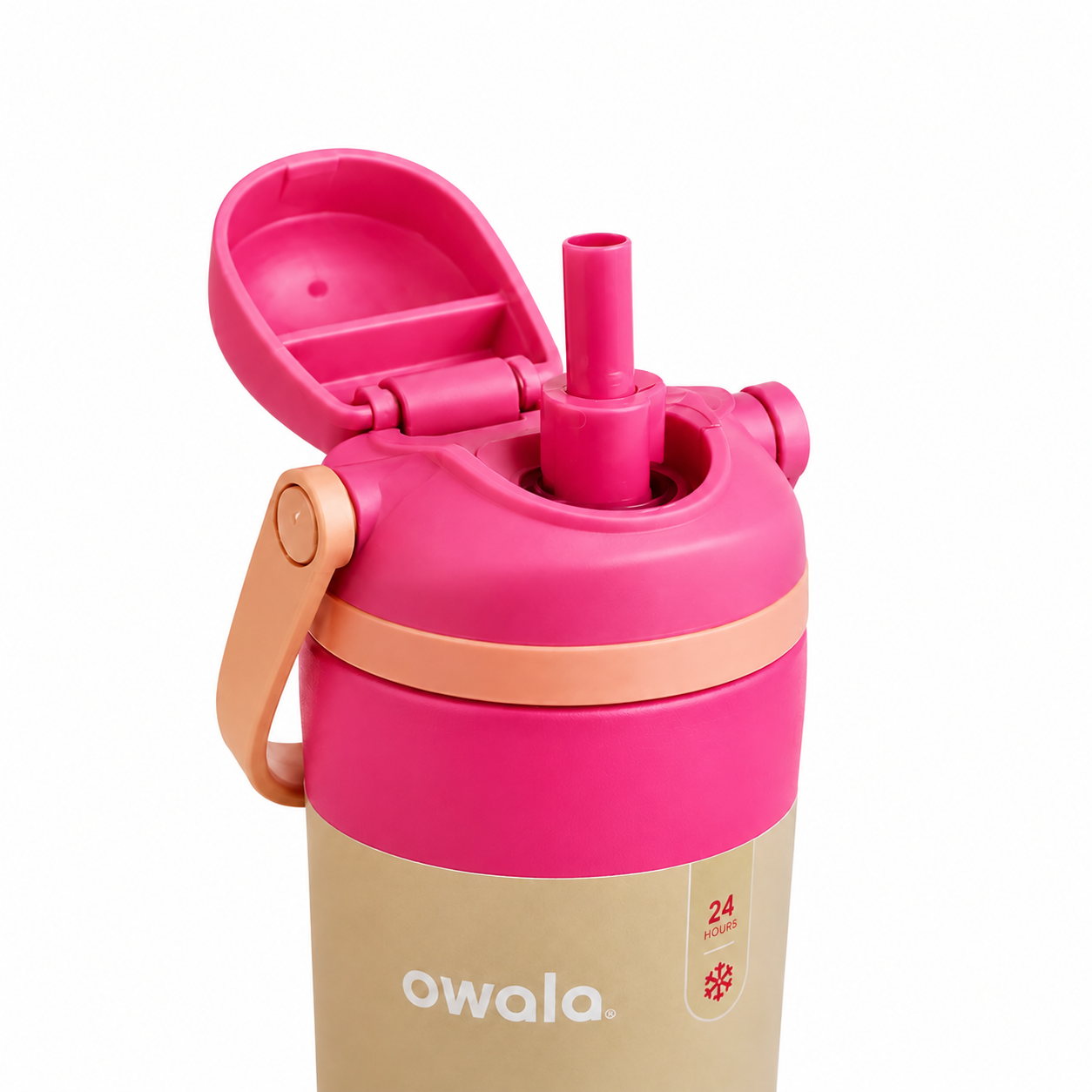 A close-up of an Owala water bottle with a bright pink flip-top lid and straw, a peach carrying loop, and a beige lower body on a white background.