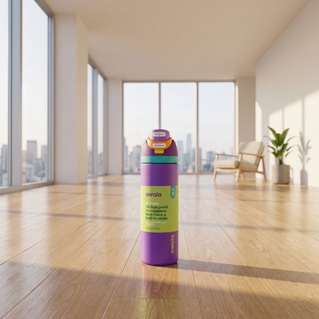 A purple Owala insulated water bottle with a bright lime green label and a purple, teal, and orange flip-straw lid, shown on a plain white background.