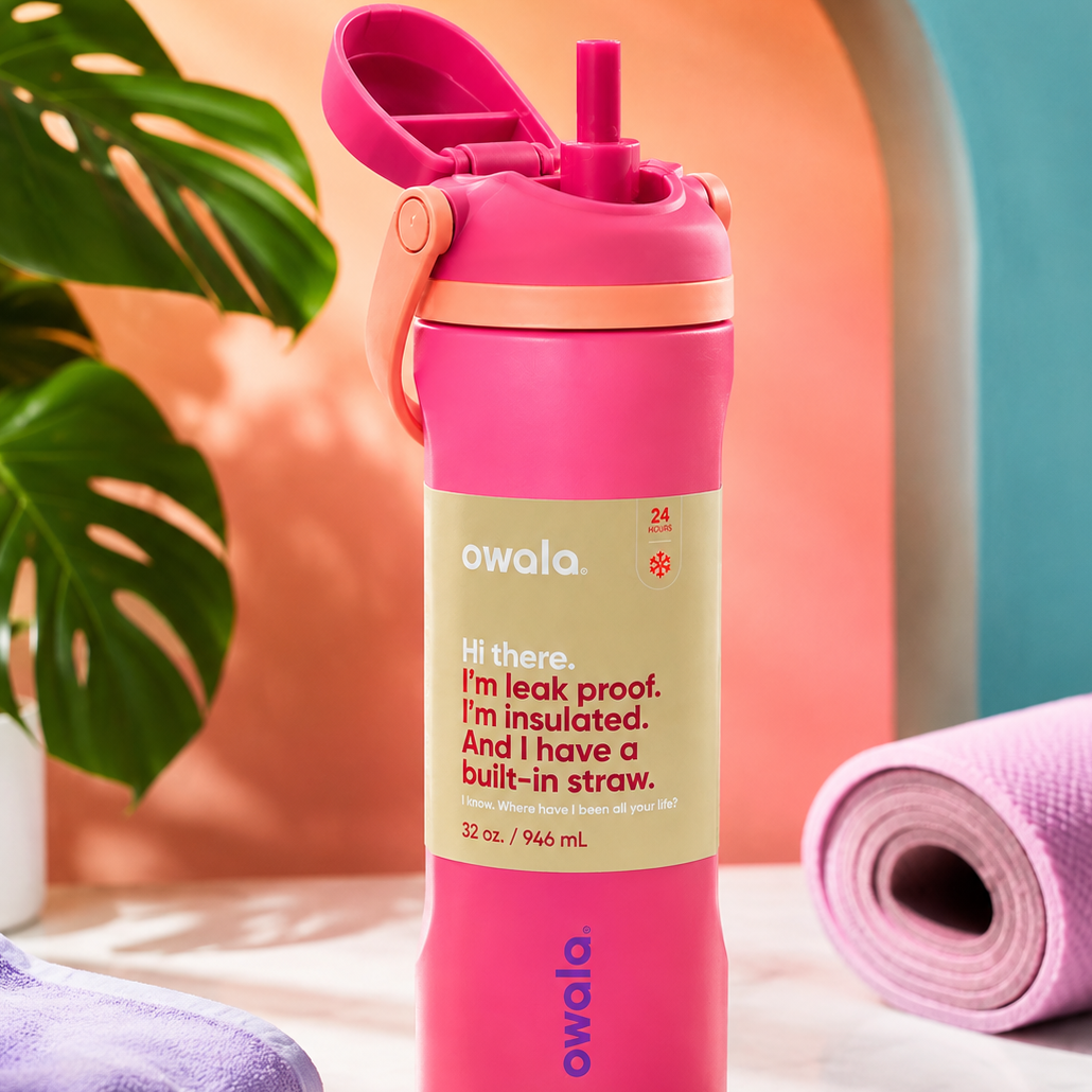 A Owala insulated water bottle with a built-in straw and leak-proof lid, styled on a tabletop with a rolled pink towel, sunglasses, earbuds case, and plant leaves in a bright studio setting.