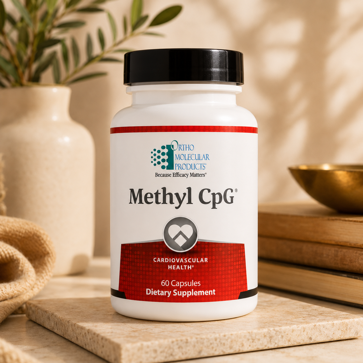 A white bottle of dietary supplement with a black cap, set on a stone slab with a warm, softly lit background featuring books and a plant.