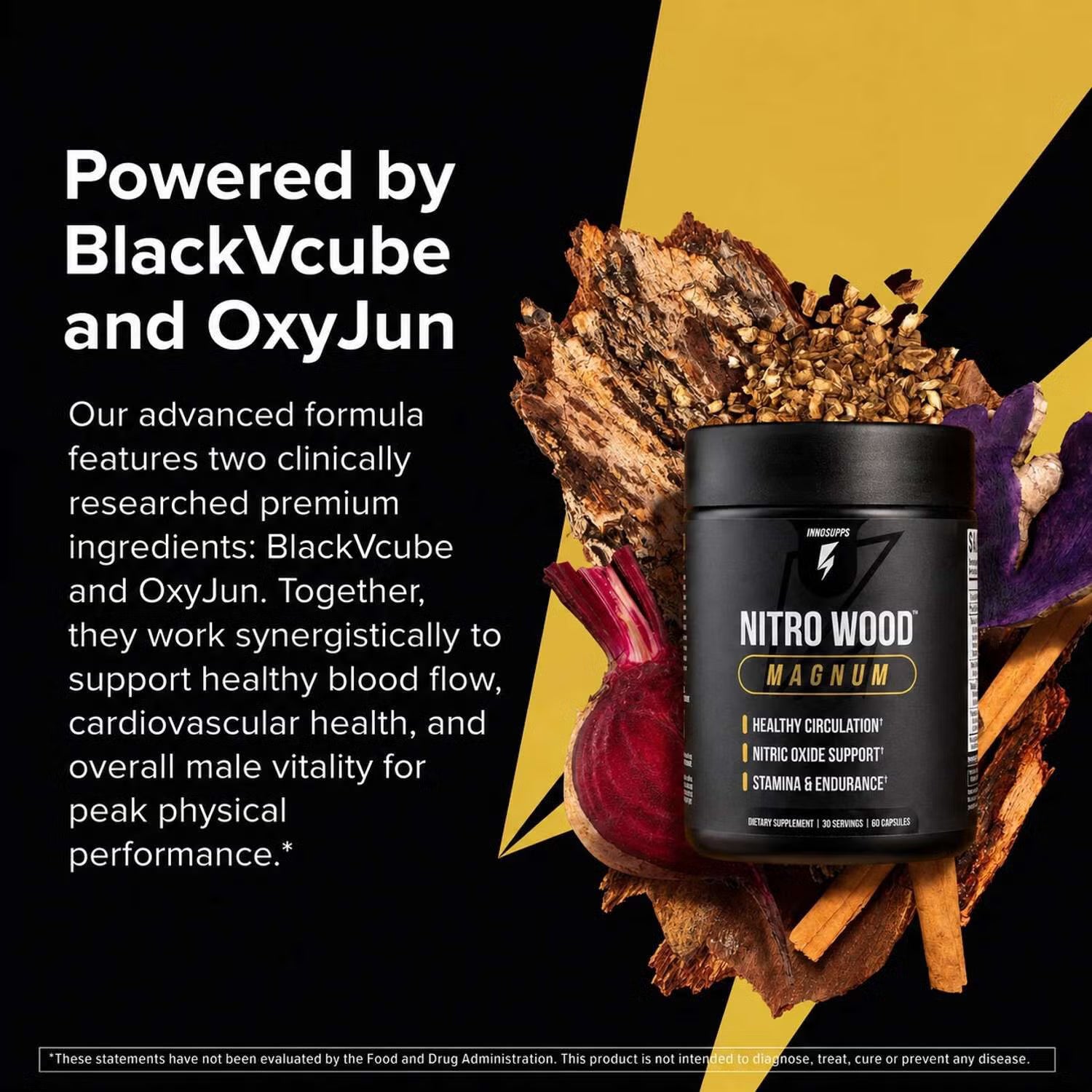 A black supplement tub labeled PHILIPS NITRO WOOD MAGNUM, styled with dried roots, cinnamon, and red beets on a black and yellow graphic background with text reading 'Powered by BlackVcube and OxyJun'.