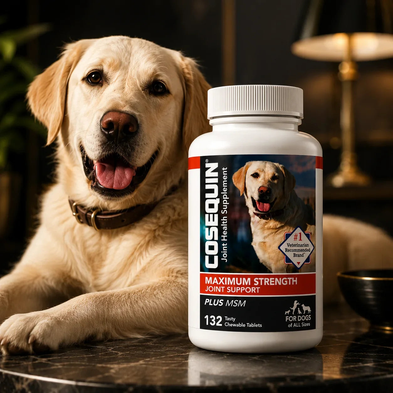 A white bottle of Cosequin Plus/NM Joint Health Supplement for dogs, placed in front of a golden retriever dog lying on a dark marble surface in a warm, dimly lit indoor setting.