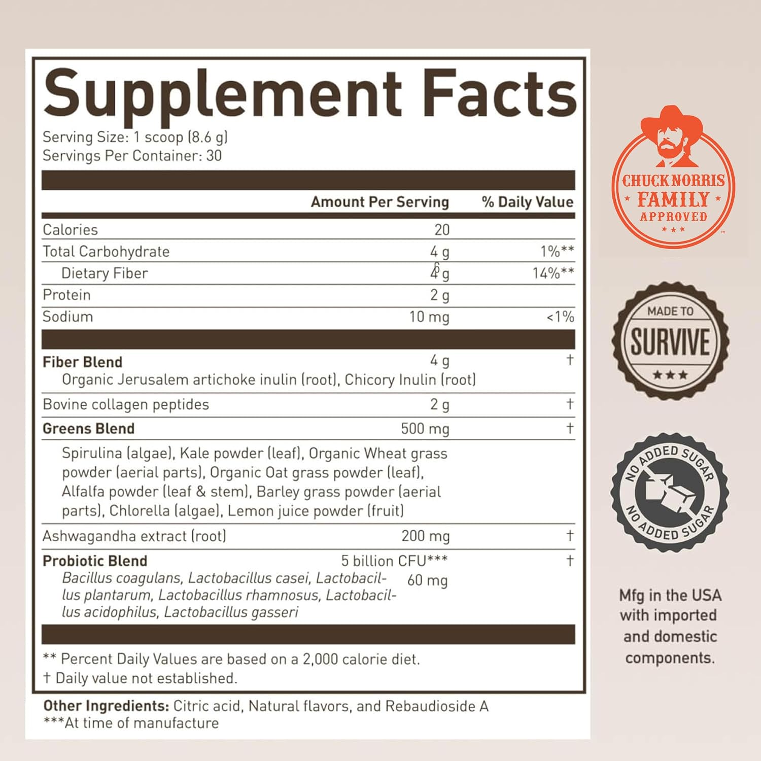 Supplement facts label with branding and certification logos on a beige background