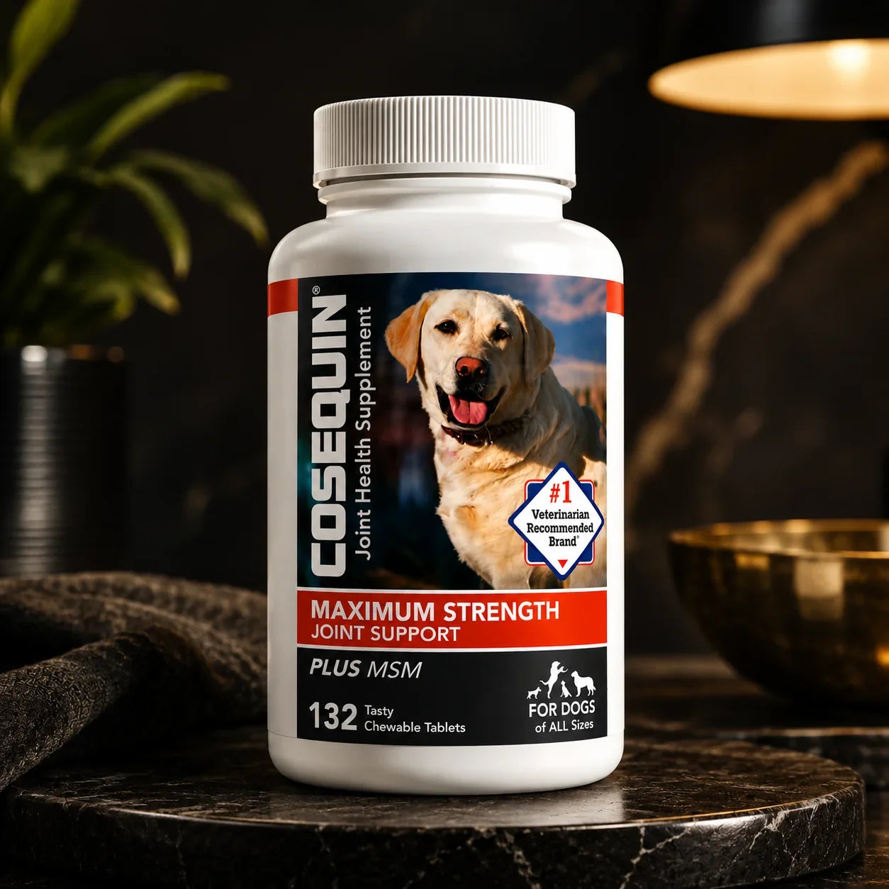 A bottle of Cosequin Joint Health Supplement for dogs, featuring a white bottle with a label showing a yellow Labrador retriever and red and black text, set on a dark marble surface with a warm, blurred background.