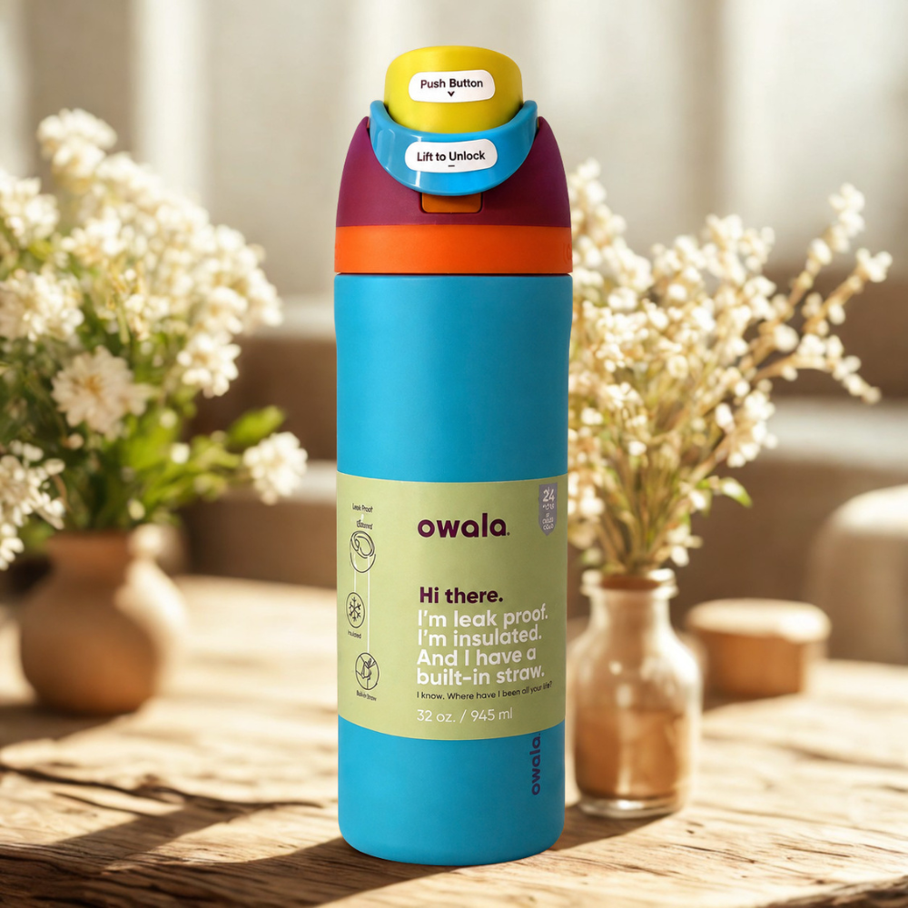 A Owala insulated water bottle with a bright blue body, orange and purple accents, and a yellow flip-top lid, standing on a wooden table with blurred flowers in the background.