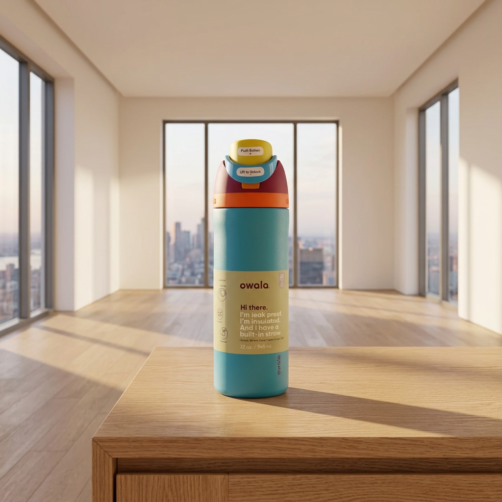 A 32 oz Owala water bottle with a bright turquoise body, a yellow lid, and orange and purple accents, shown on a plain white background.