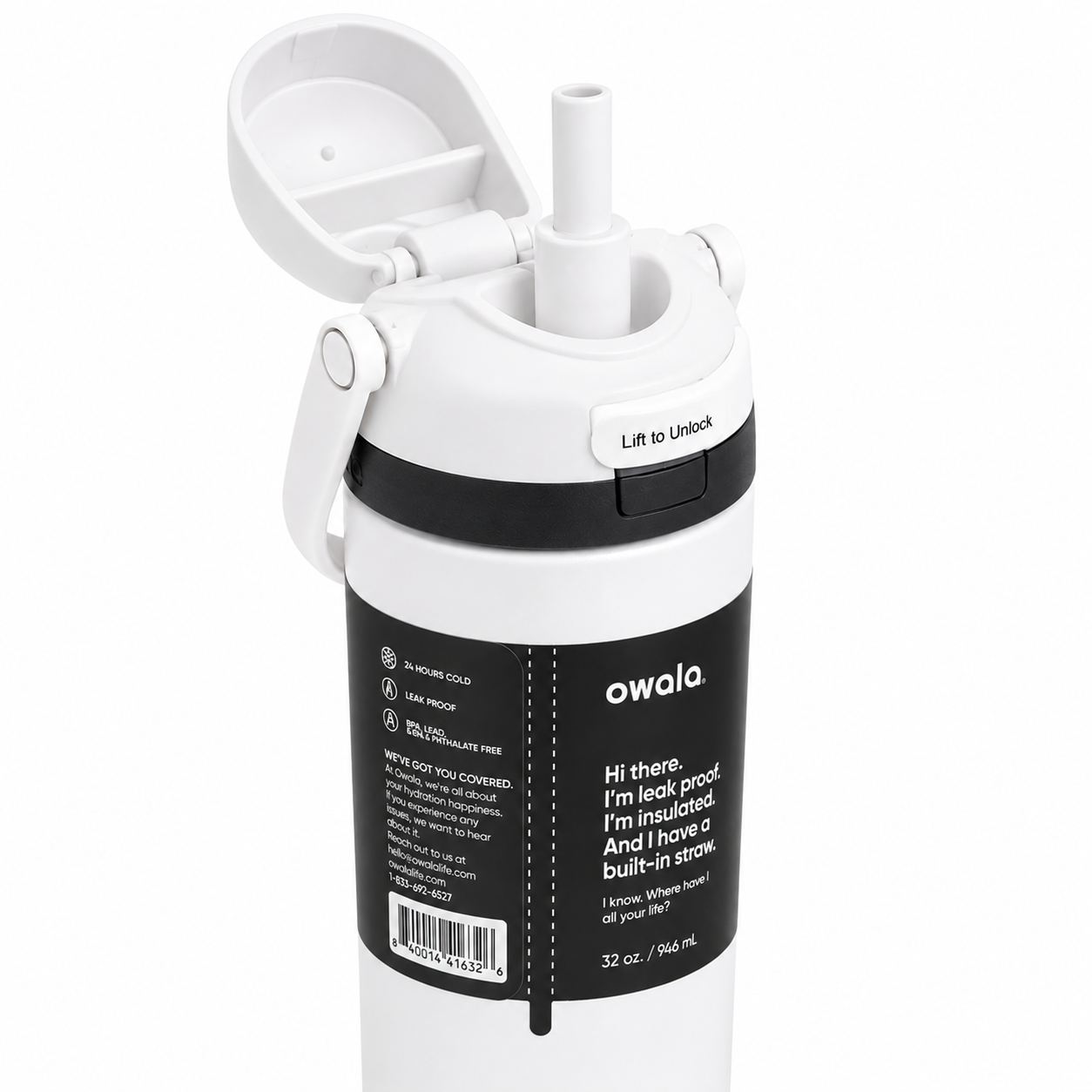 A white Owala insulated water bottle with a black label, featuring an open flip-top lid and straw. The bottle has a black band around the middle and a black wrap label with white text.