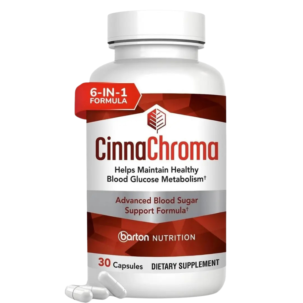 CinnaChroma 6-in-1 dietary supplement capsules bottle with water in a lifestyle setting