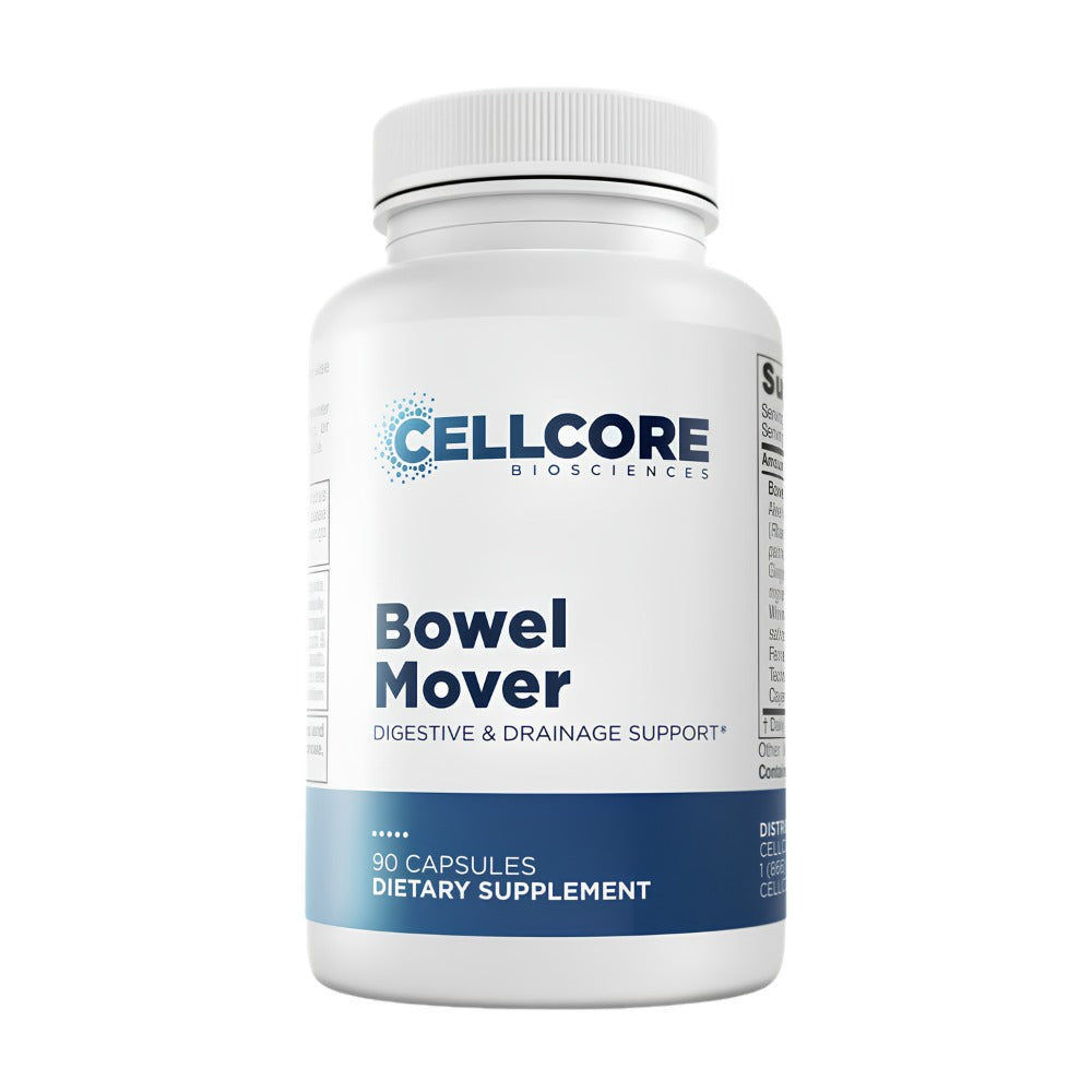 A white plastic bottle of 'Bowel Mover' dietary supplement with a white cap, featuring a white and blue label.