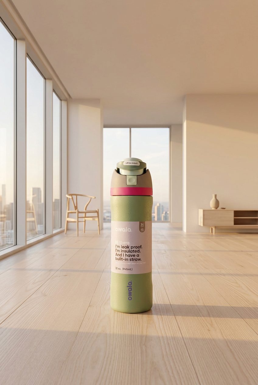 An Owala insulated water bottle with a Olive green body, a pink band around the middle, and a gray lid with a green flip-top straw. A lavender label wraps around the center with text about leak proof and insulated features.