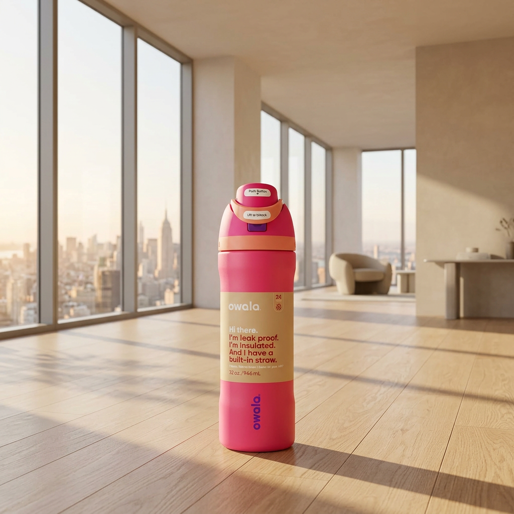 A  pink Owala insulated water bottle with a beige wrap label and a matching pink lid, shown on a clean white background.