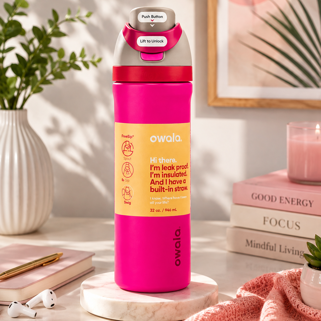 A bright pink Owala insulated water bottle with a gray lid and orange label, styled on a marble coaster in a warm, sunlit room with books, a plant, and a candle in the background.