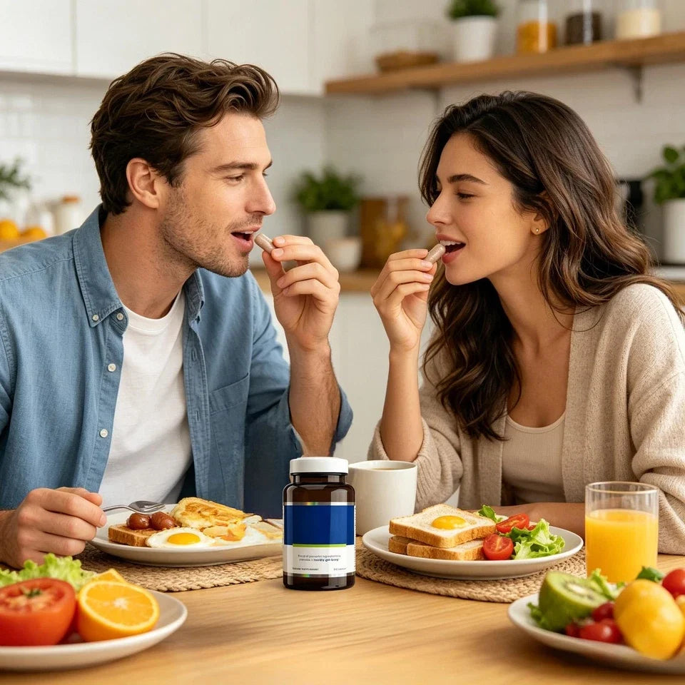 A man and a woman sitting at a breakfast table sharing a moment, with a bottle of dietary supplements on the table in front of them.