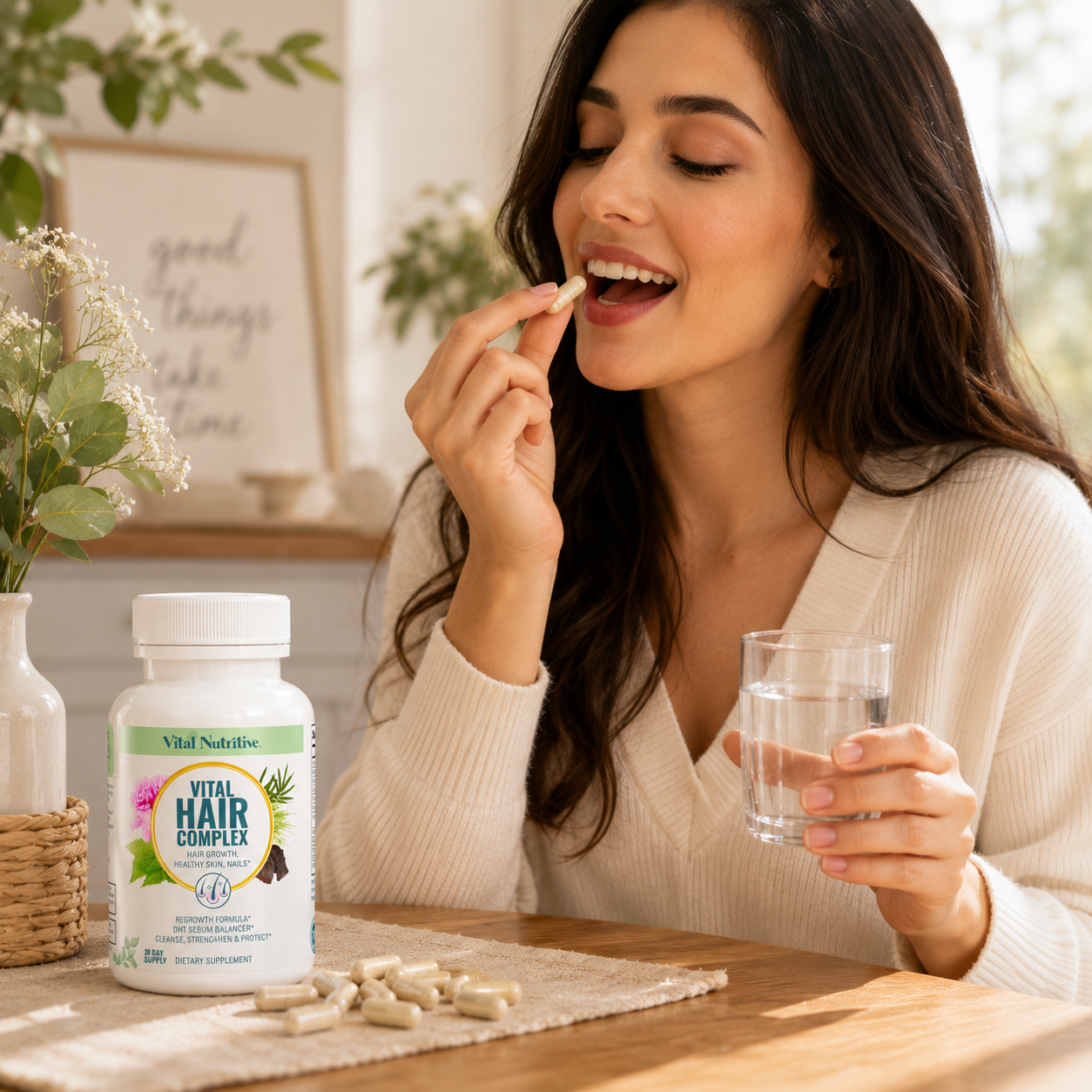 A woman in a cream knit sweater takes a hair supplement capsule from a bottle labeled Vital Nutritionals Hair Complex, holding a glass of water in a bright, modern room.
