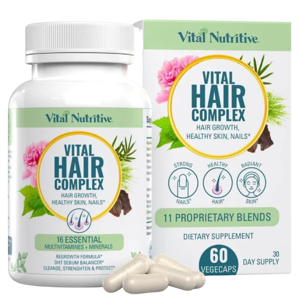 Vital Nutritive Vital Hair Complex dietary supplement bottle and box packaging with several white vegecaps in front, on a plain white background.