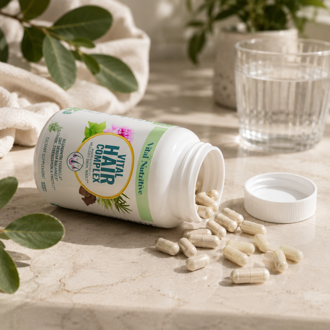 An open white bottle of Vital Nutrition Hair Complex capsules lies on a light stone surface with several capsules spilled out. A glass of water, folded cream fabric, and green leaves are visible in the softly lit background.