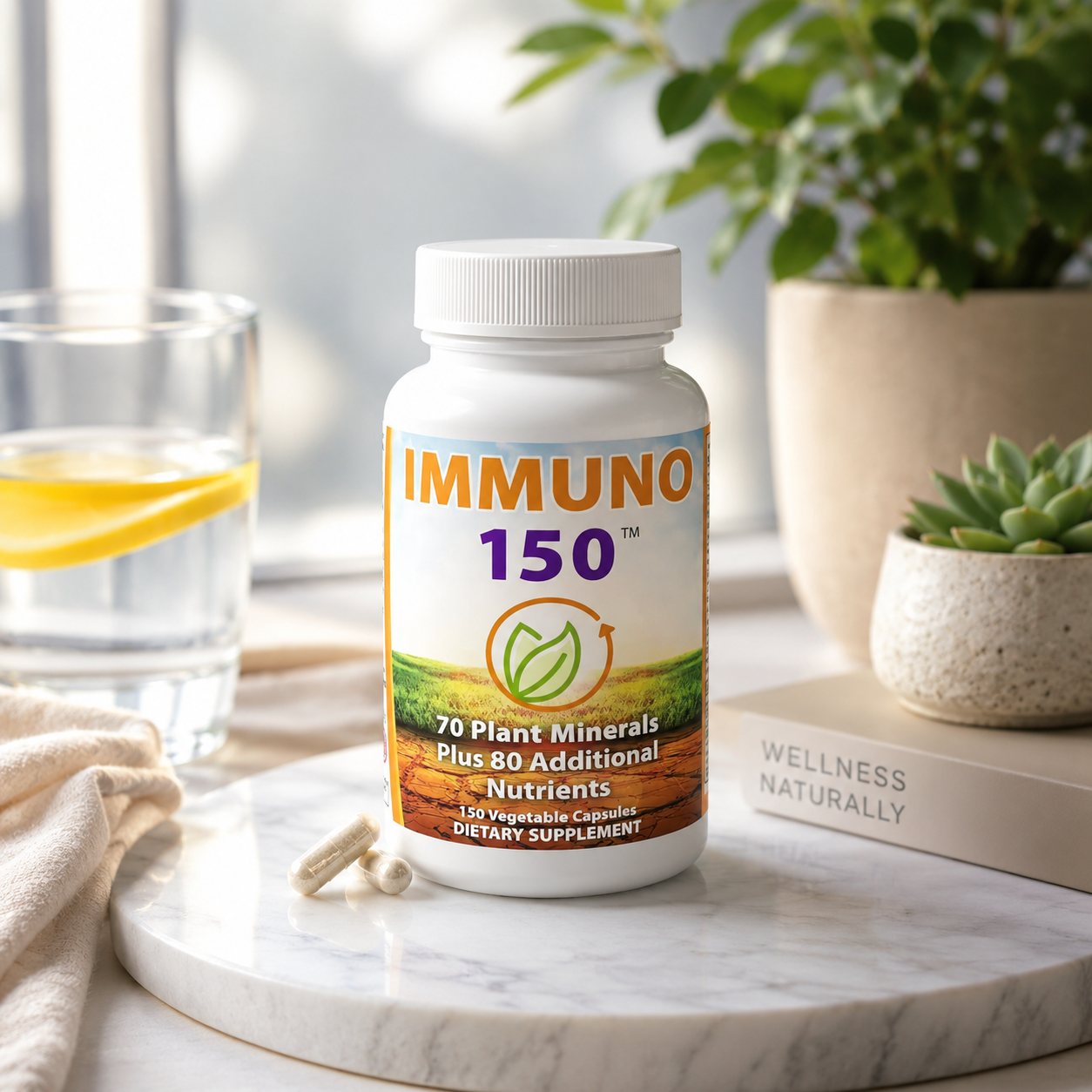 A white bottle of IMMUNO 150 dietary supplement capsules sits on a marble tray in a bright, modern kitchen or wellness setting. The bottle features a colorful label with green and orange graphics.