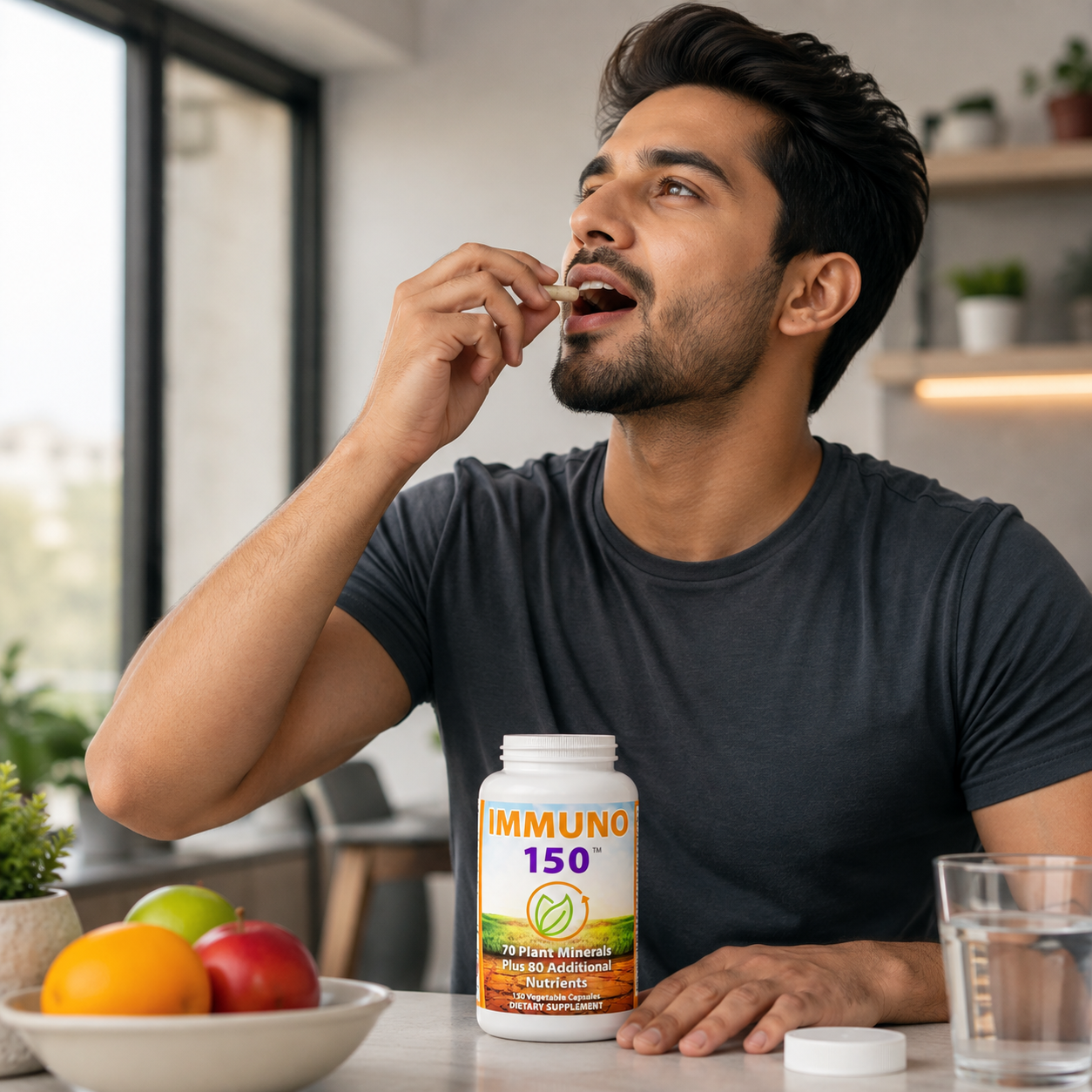 A man in a dark gray t-shirt is shown in a bright kitchen setting, holding a white capsule near his mouth. In front of him on the counter is a white bottle of IMMUNO 150 dietary supplements, with a bowl of fruit and a glass of water nearby.