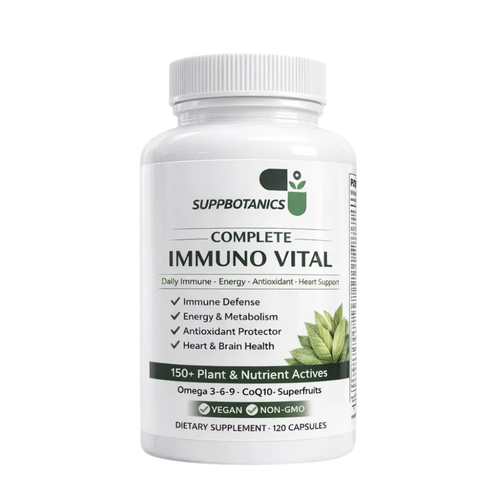 A white plastic bottle of SUPPBOTANICS Complete Immuno Vital dietary supplement, featuring a white ribbed cap and a white label with green and black text and graphics.