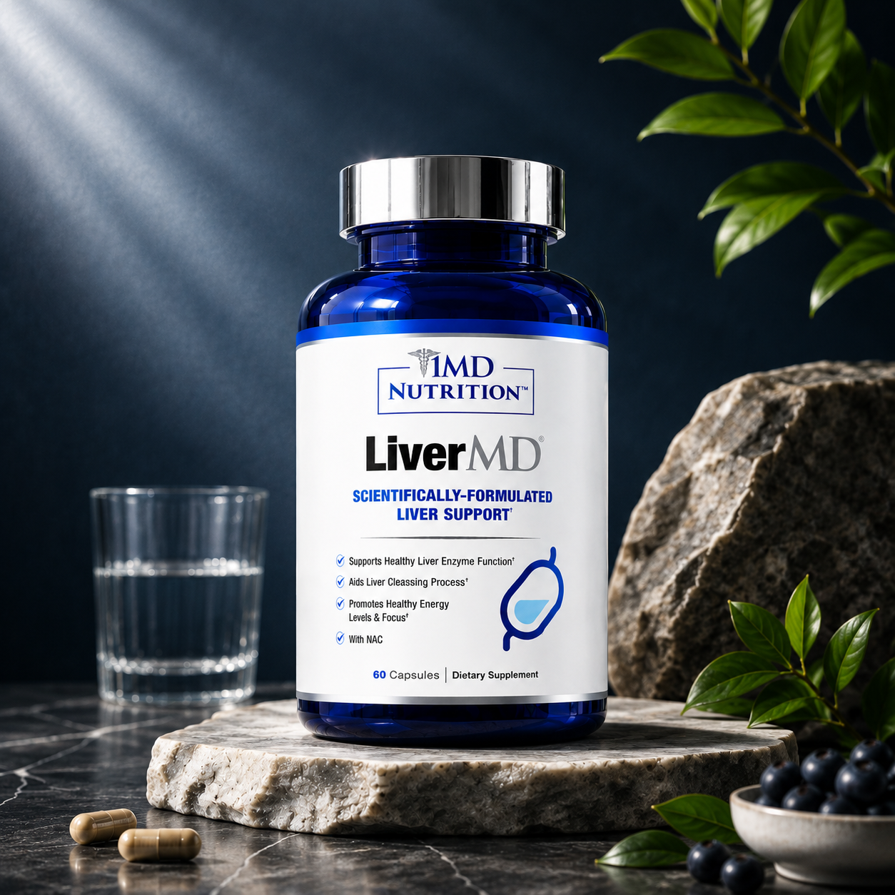 A bottle of Liver Detox Support  dietary supplement capsules, styled on a stone slab with a glass of water, loose capsules, and blueberries against a dark background.
