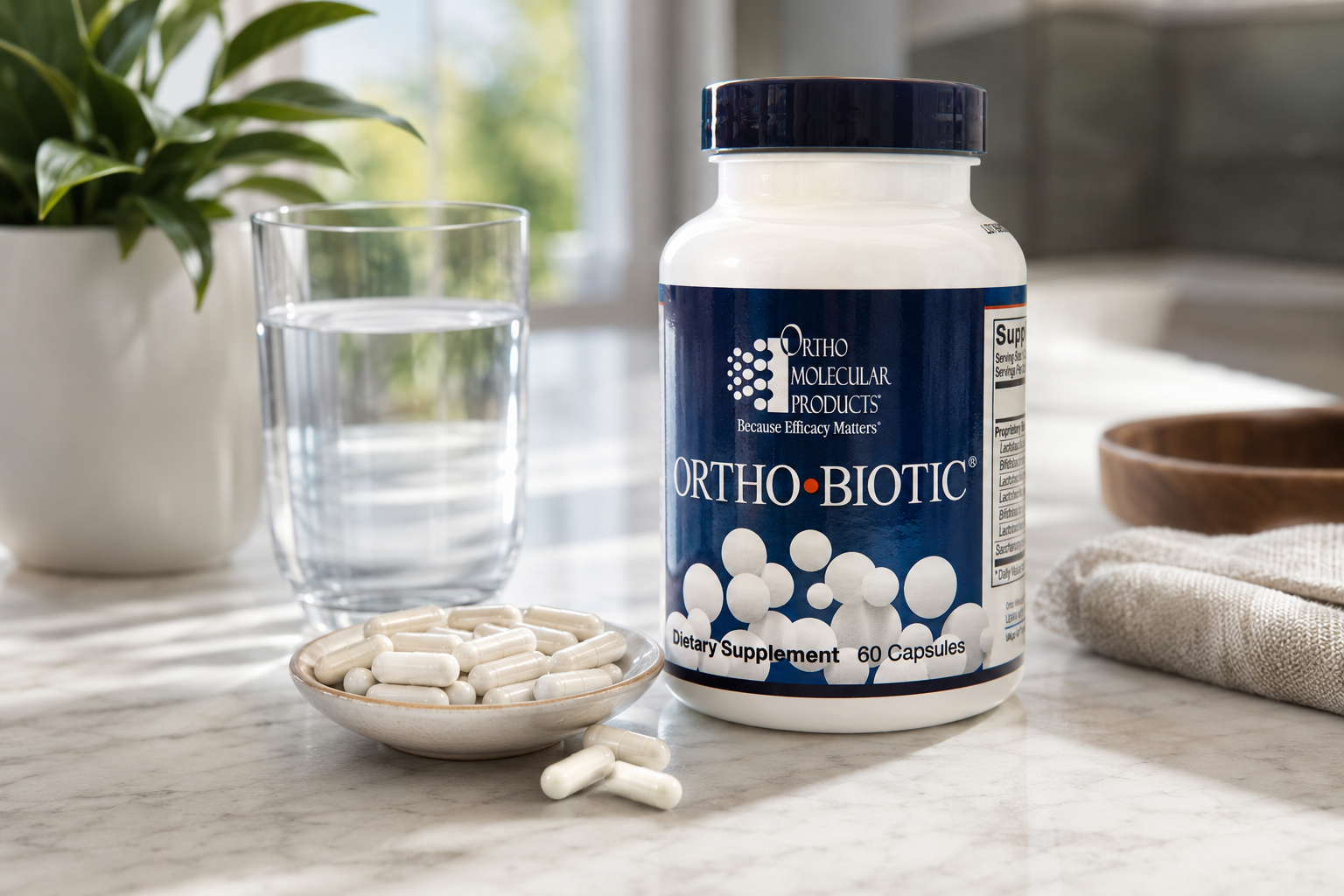 Ortho Molecular Products Ortho-Biotic dietary supplement bottle on a marble countertop with a glass of water, a small dish of white capsules, and loose capsules, set in a bright kitchen environment.