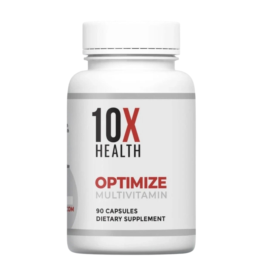 A white plastic bottle of 10X Health Optimize Multivitamin dietary supplement with a white cap, featuring a white label with red and black text.