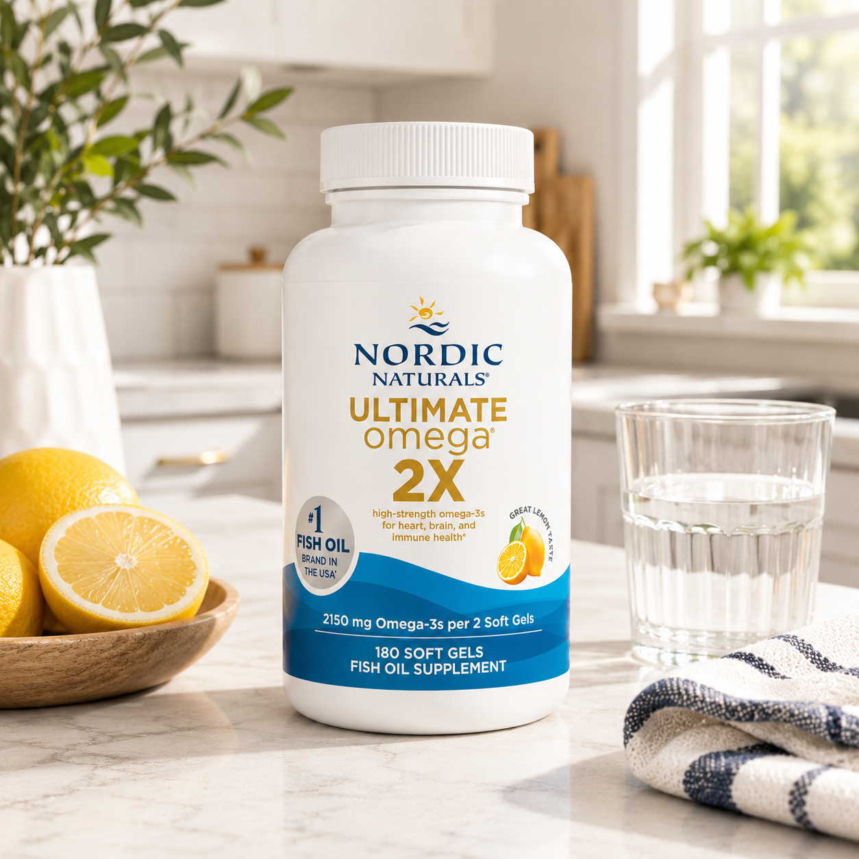 A bottle of Ultimate Omega 2X fish oil supplement stands on a kitchen counter, with lemons, a glass of water, and a striped cloth nearby in a bright kitchen setting.