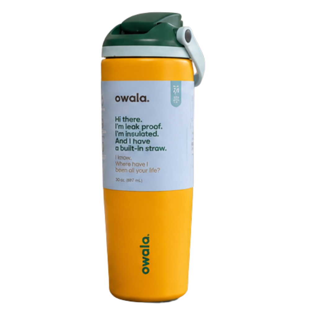 An Owala leak-proof insulated water bottle with a bright yellow body, a dark green lid, and a white carrying loop, shown on a plain white background.