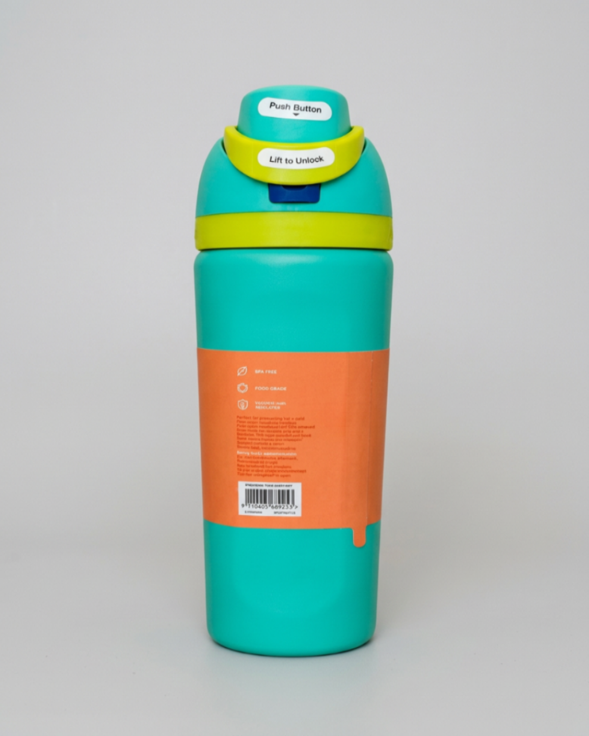A 32 oz Owala water bottle with a bright blue body, a tan label, and a multi-colored lid featuring yellow, orange, and purple sections.