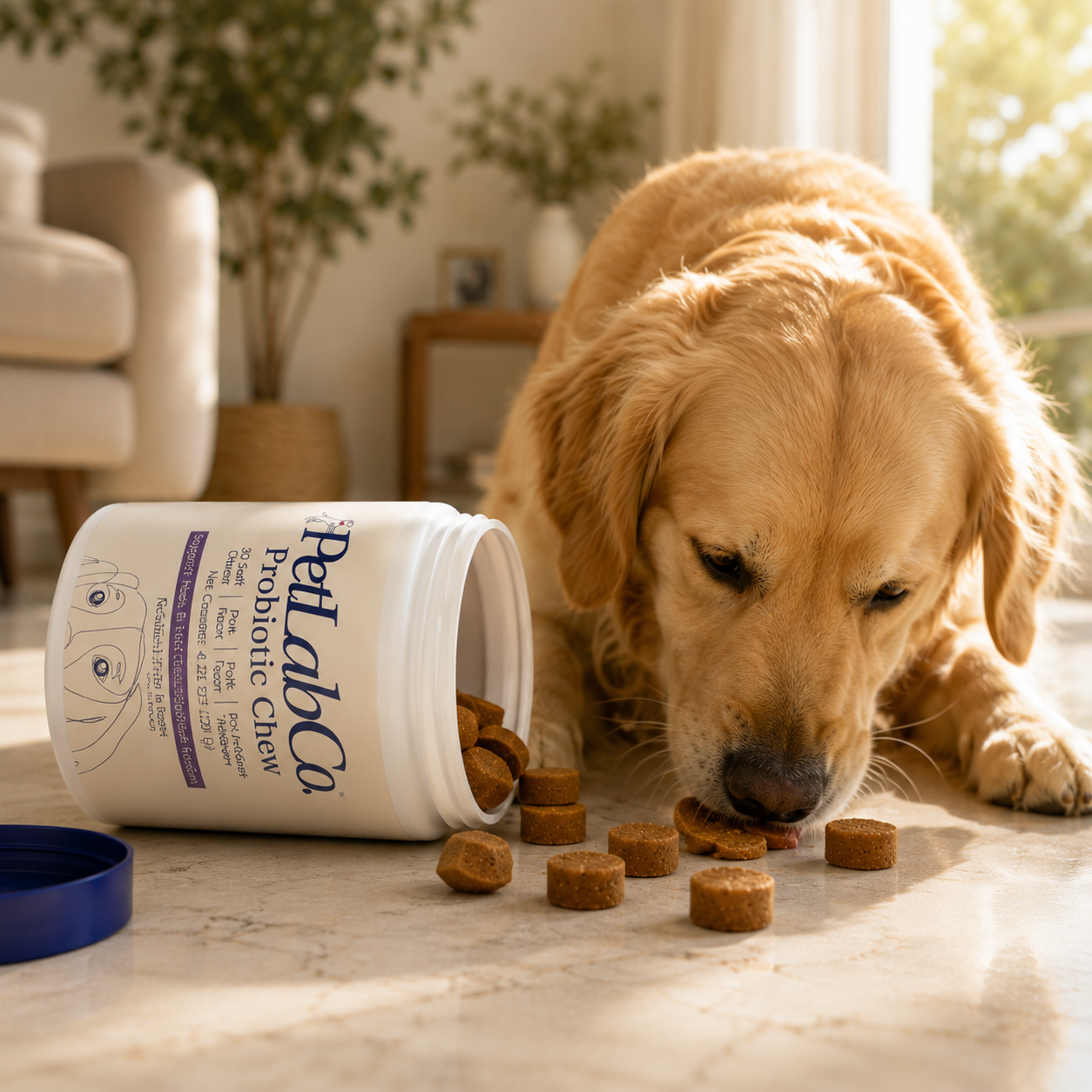 A golden retriever dog is shown on a light marble floor in a bright living room, reaching for probiotic chew treats spilled from a white Petabo container. The blue lid is placed beside the open container.