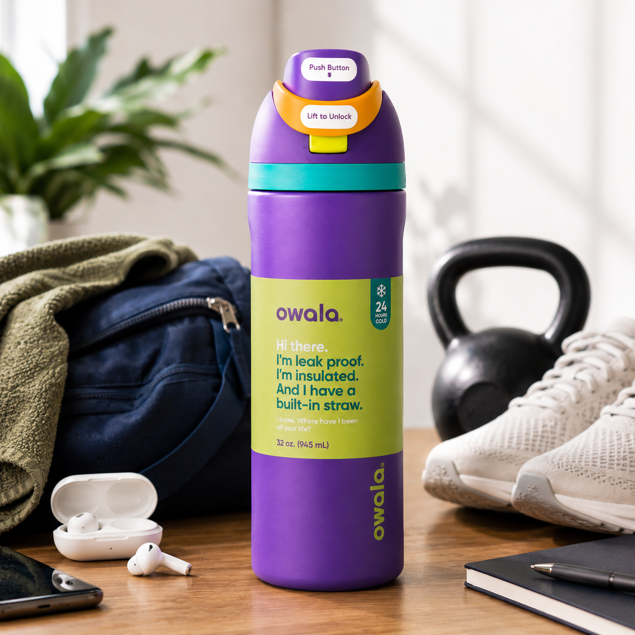 A purple Owala water bottle with a bright yellow-green label stands on a wooden table in a styled setting with a blue backpack, white earbuds, running shoes, a kettlebell, and a notebook nearby.