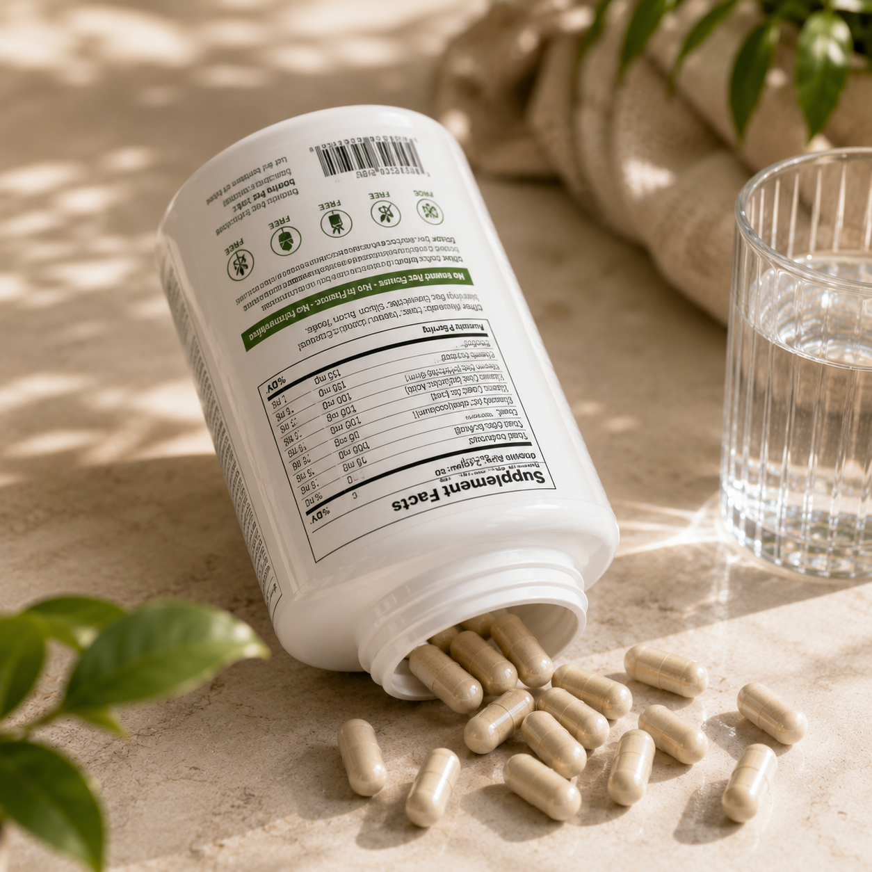 A white supplement bottle lies on its side on a stone surface, with beige capsules spilling out. A glass of water, soft leaf shadows, and a beige cloth are visible around it.