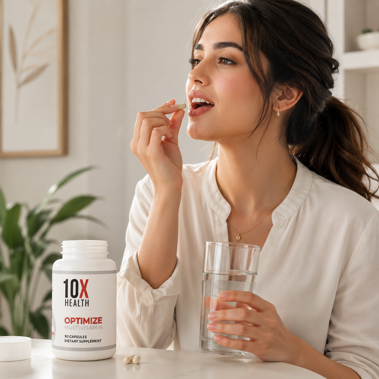 A woman in a white blouse sits at a table, holding a glass of water and taking a capsule from her finger. A white bottle labeled '10X HEALTH OPTIMIZE' and a few loose capsules are on the table beside her.