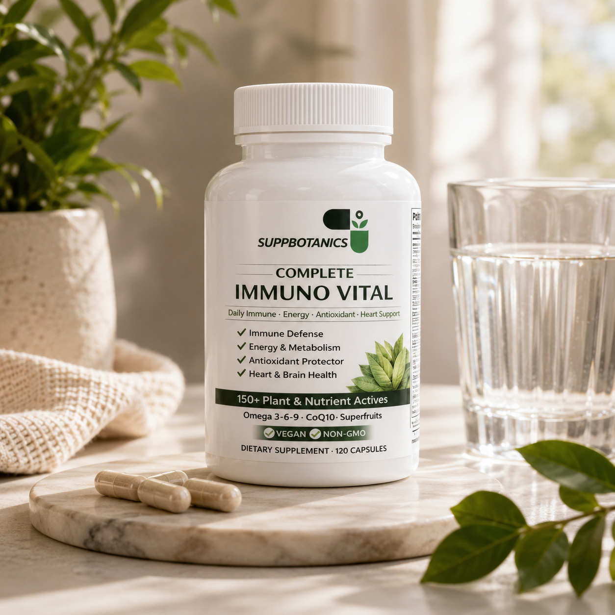 A white bottle of SUPPBOTANICS Complete Immuno Vital dietary supplement capsules sits on a marble surface in a bright, natural setting with a glass of water, a potted plant, and loose green leaves.