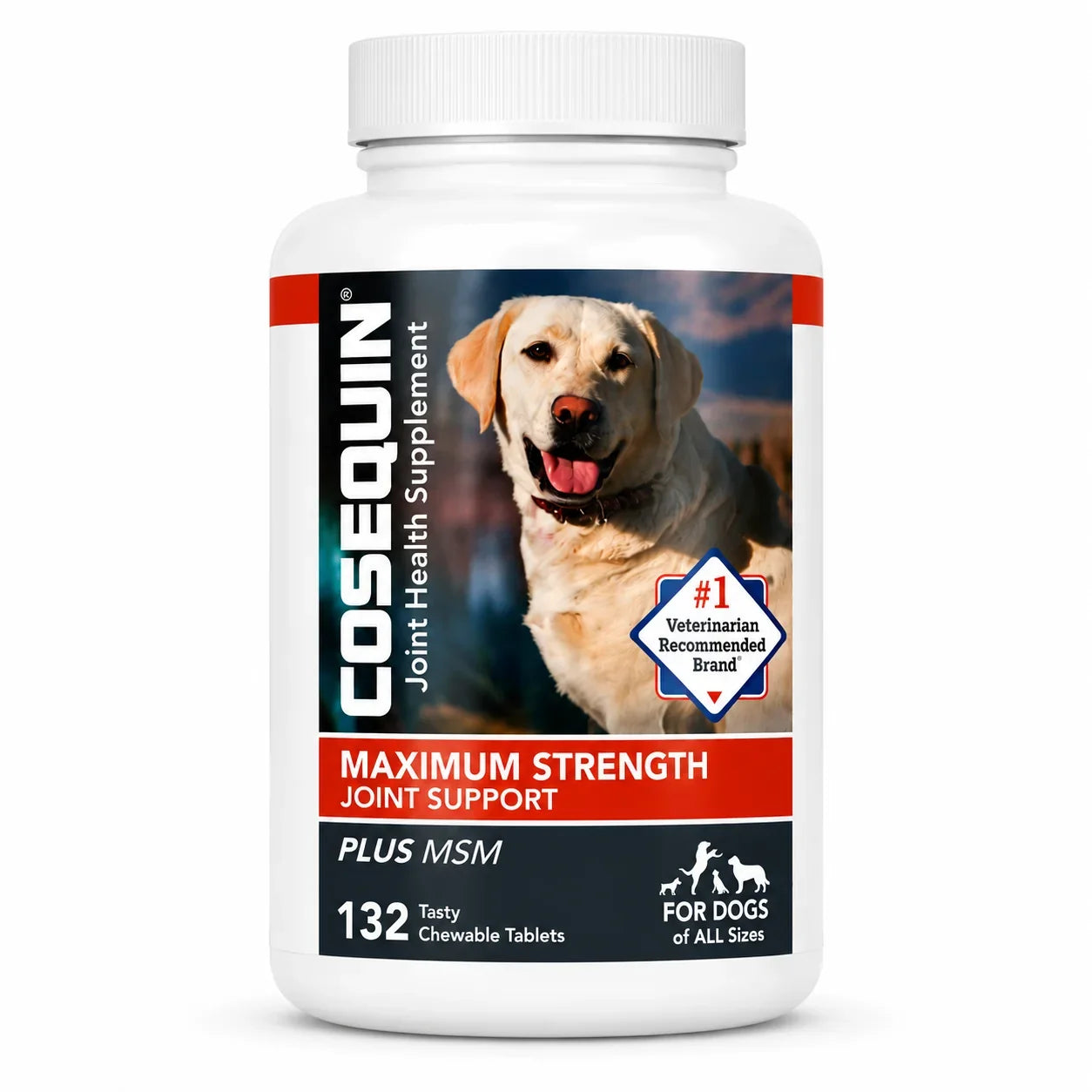 A white plastic bottle of Cosequin Plus MSM Joint Health Supplement for dogs, featuring a label with a yellow Labrador retriever and red and black text.