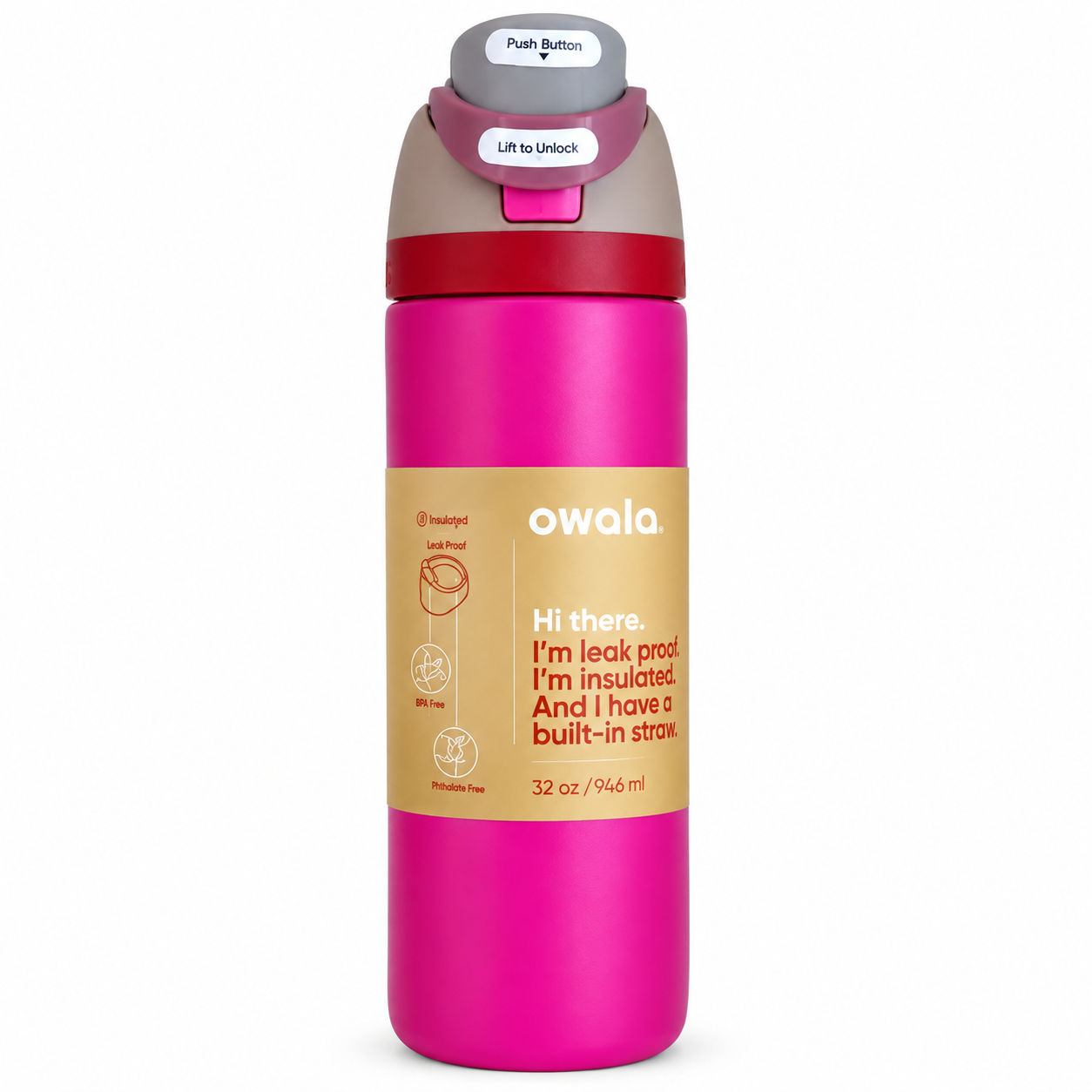 Owala 32 oz FreeSip Insulated Stainless Steel Water Bottle with Built-In Straw – Bright Pink