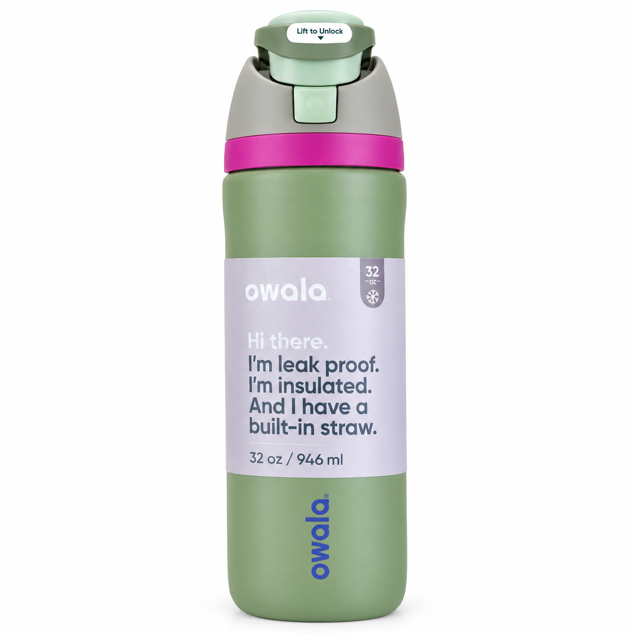 Owala FreeSip Water Bottle 32 oz, Stainless Steel Insulated Water Bottle with Straw, Olive Green