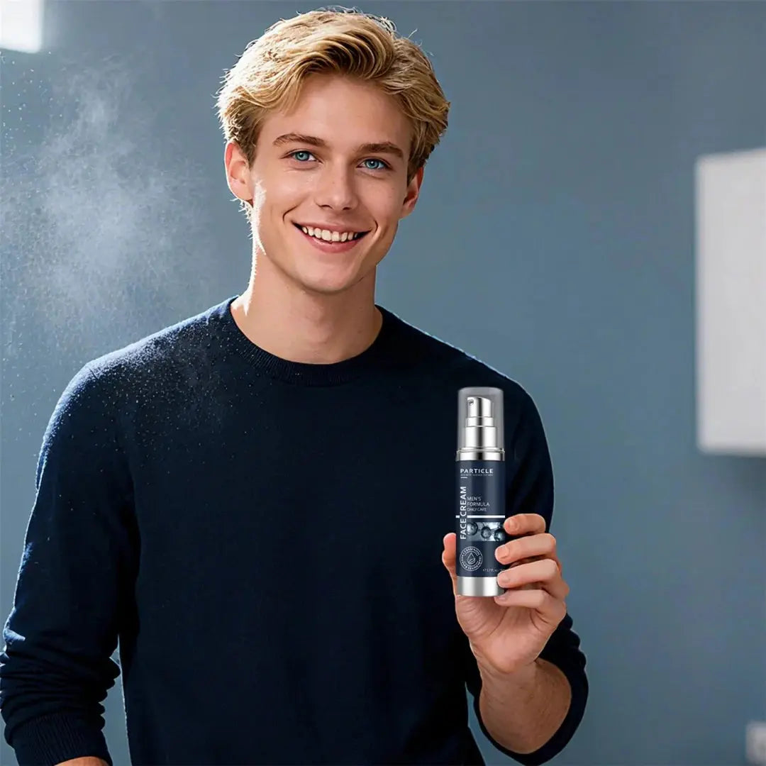 A smiling young man with blond hair holds up a dark blue and silver spray bottle against a muted blue-gray background.
