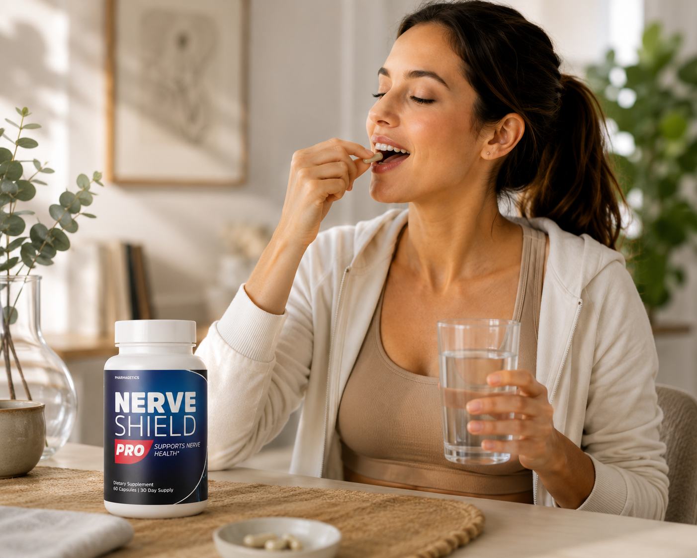 A woman sitting at a table takes a supplement pill from a bottle labeled NERVE SHIELD PRO while holding a glass of water. The product bottle is prominently displayed on the table in a bright, modern room setting.