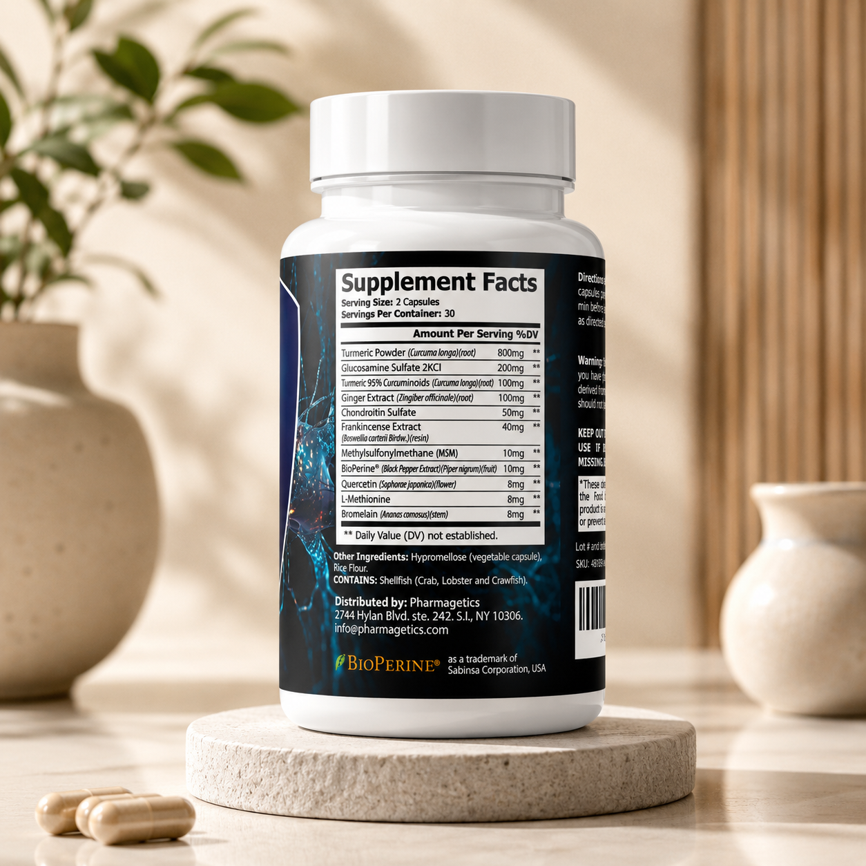 A white supplement bottle with its back label facing the camera, placed on a round stone coaster in a warm, softly lit interior setting with plants and ceramic vessels in the background. The label shows the BioPerineum brand name and a supplement facts panel.