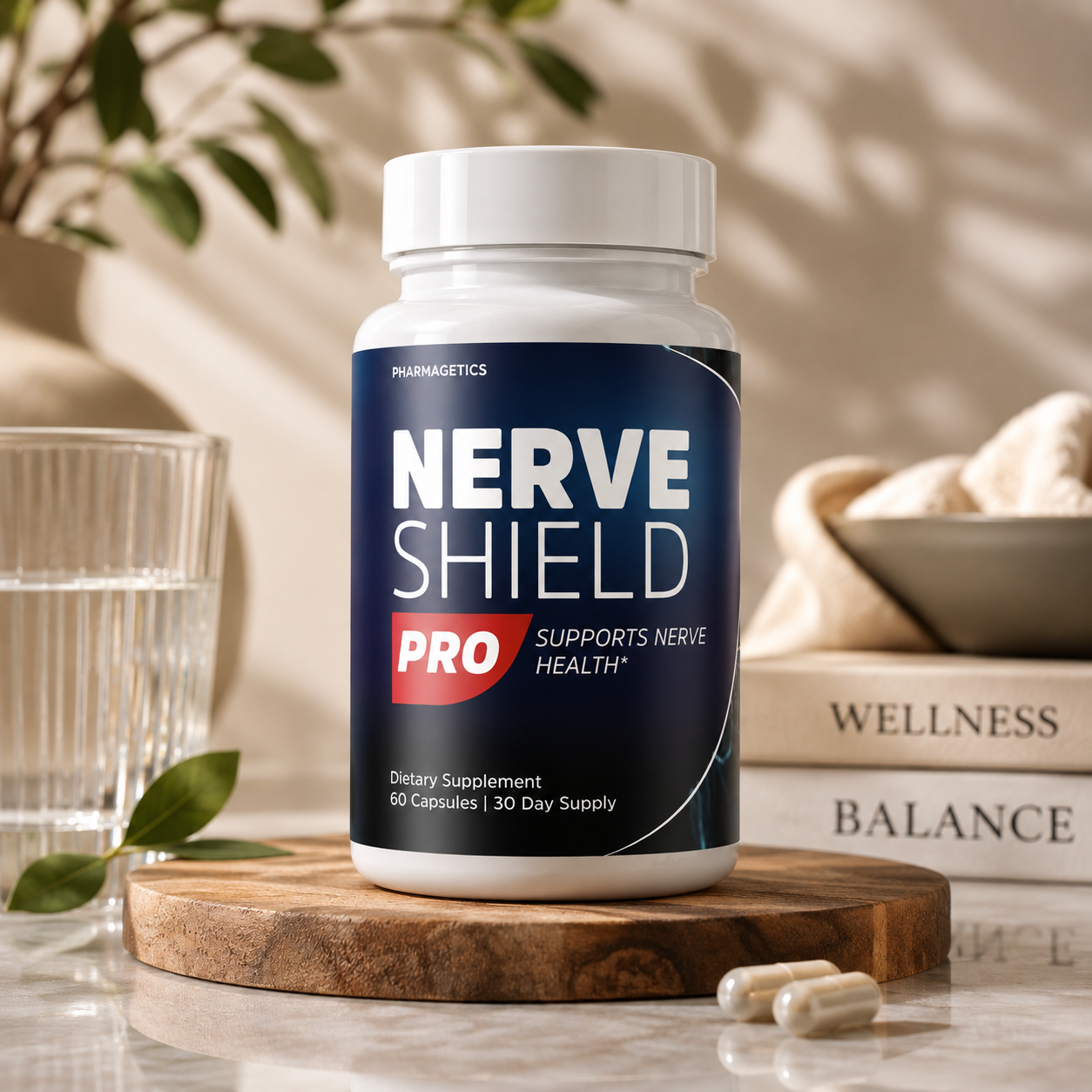 Nerve Shield Pro dietary supplement bottle in premium wellness lifestyle setting